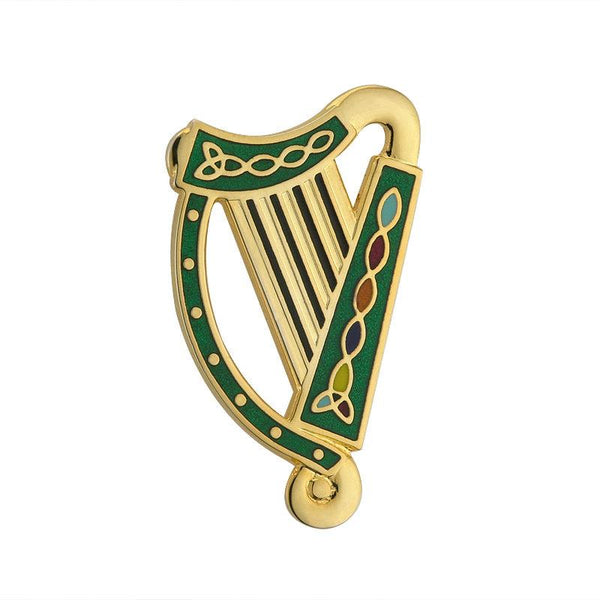 Gold Plated Green Harp Brooch
