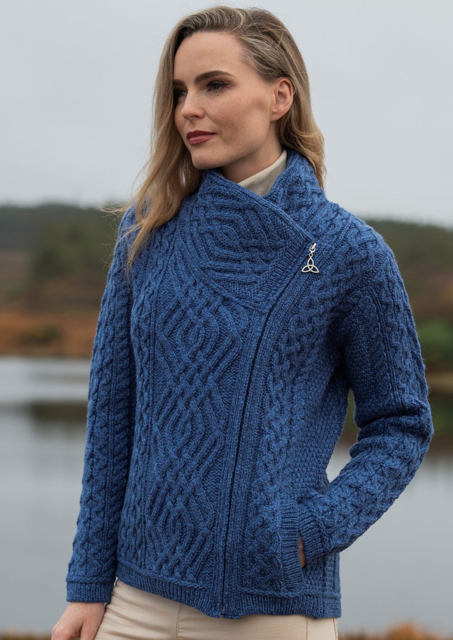 Aran Shannon Side Zip Cardigan - Blue – Skellig Gift Store