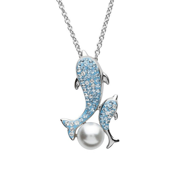 Mother Baby Dolphin Pearl Necklace With Swarovski Crystals