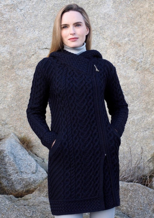 Aran Crafts Heart Design Navy Hooded Coat | Skellig Gift Store