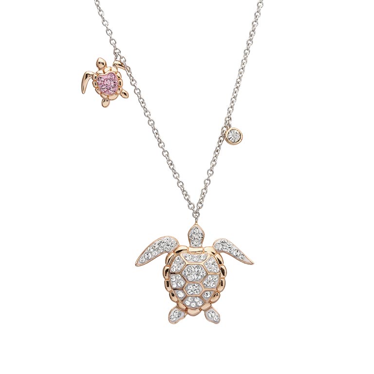 Rose Gold Turtle Pendant With Aqua Swarovski® Crystals