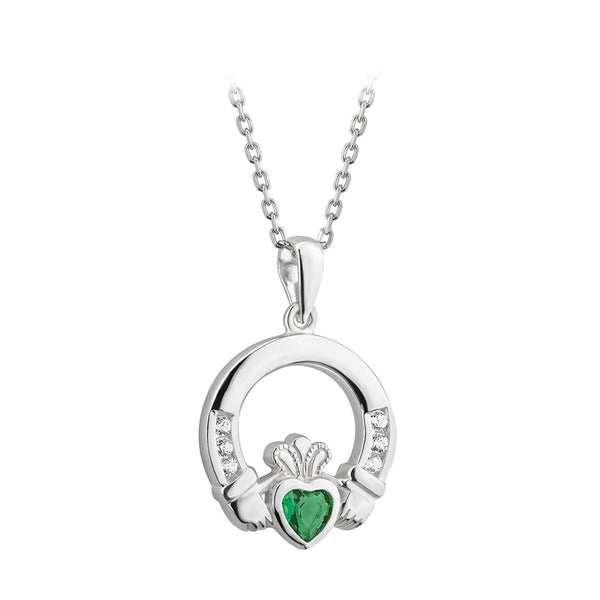 Solvar Sterling Silver Claddagh Syn Emerald & CZ Necklace S4559
