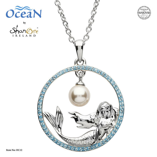 Shanore Mermaid Pearl Pendant With Aquamarine Swarovski Crystals - OC12 - Skellig Gift Store