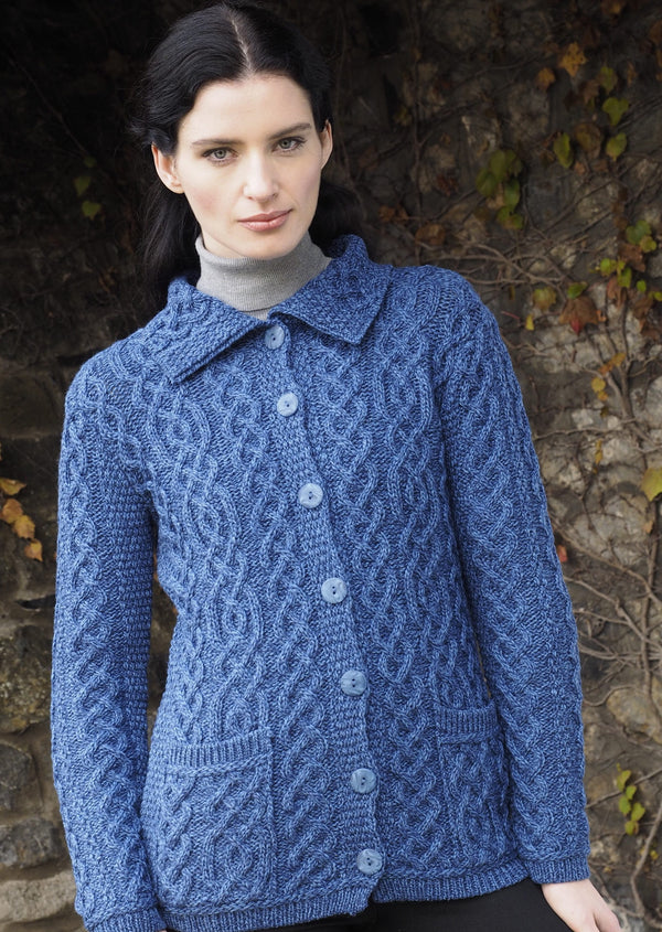 Aran Ladies Blue Buttoned Collar Cardigan | Skellig Gift Store