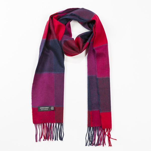 John Hanly Red Pink and Navy Block Check Scarf 120