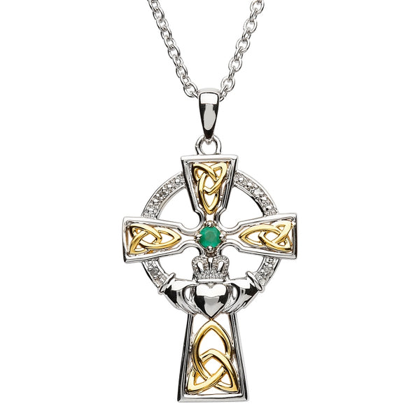 Silver Celtic Trinity Cross Set With Emerald And Diamond
