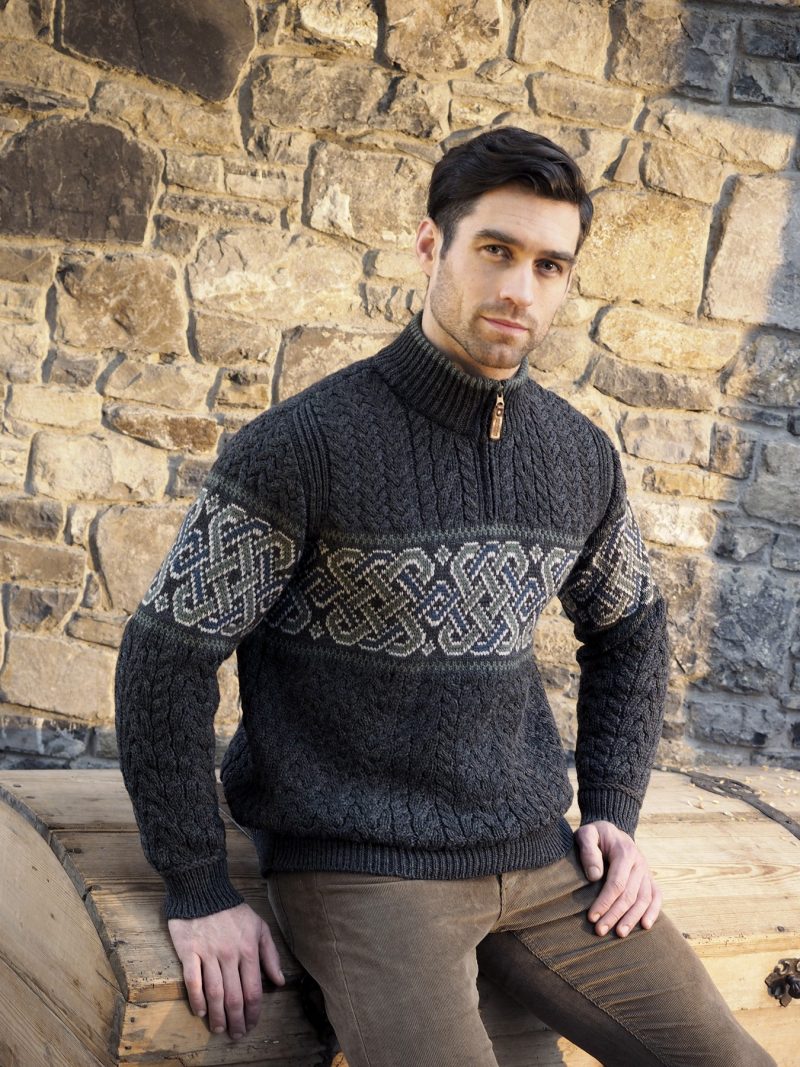 Aran Jacquard Celtic Irish Half Zip Sweater