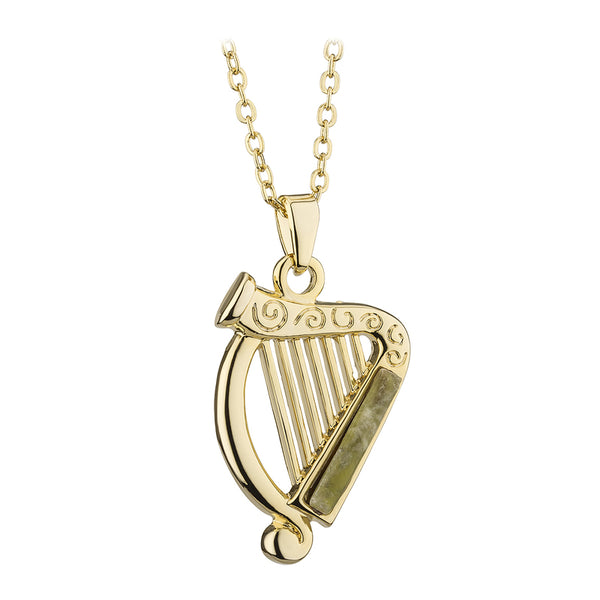 Solvar Gold Plated Connemara Marble Harp Pendant s46526