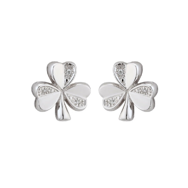 14K White Gold Diamond Shamrock Stud Earrings