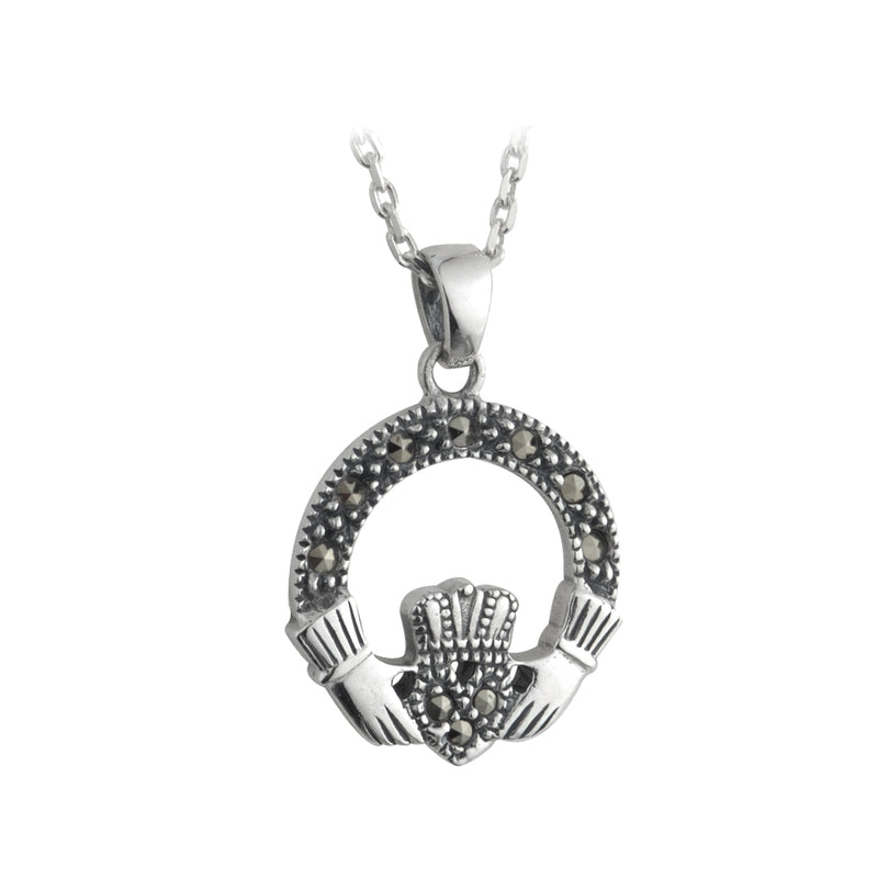 Sterling Silver Marcasite Small Claddagh Necklace