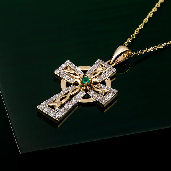 14K Gold Diamond & Emerald Cross Necklace