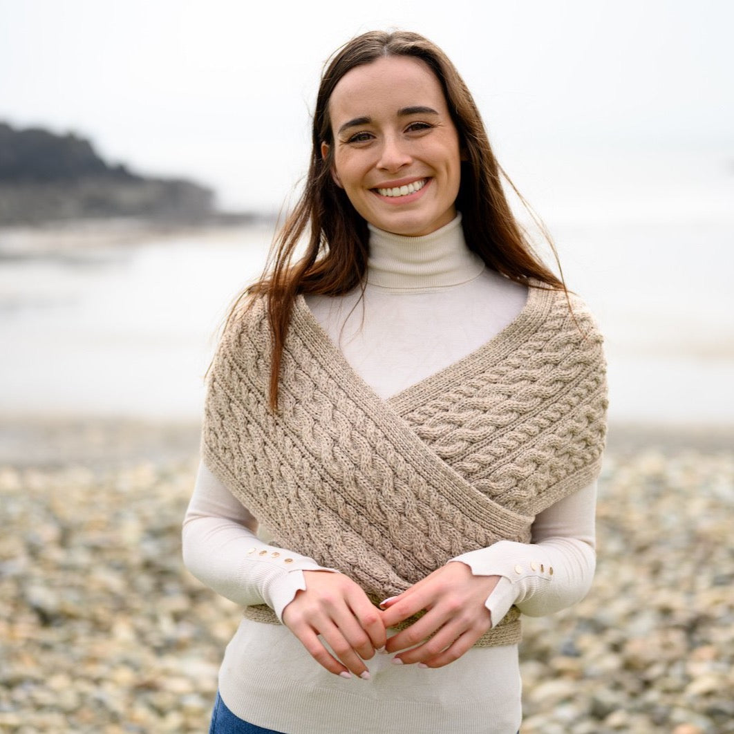Oatmeal Aran Cable Crossover Wrap With Buttons