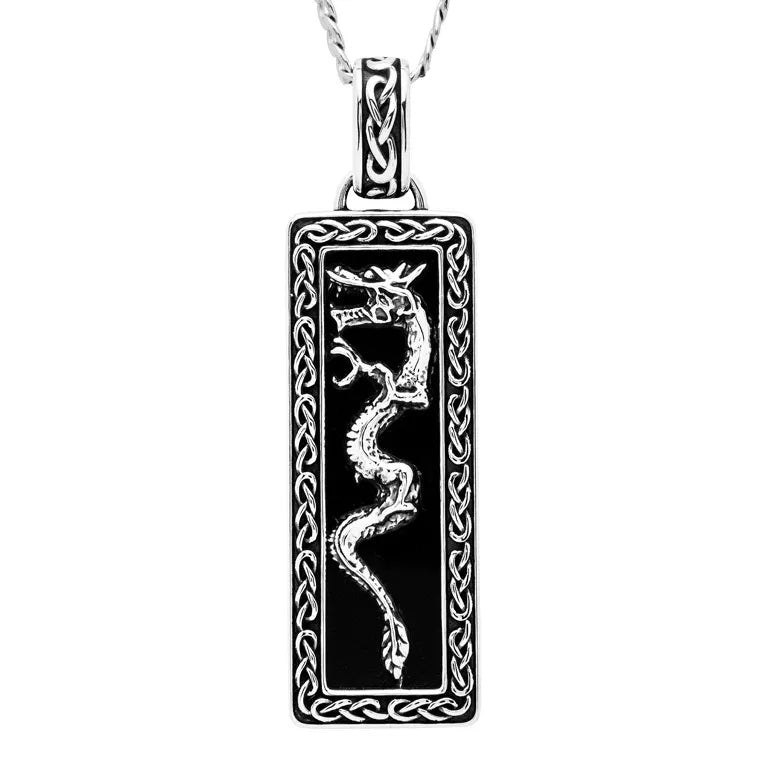 Sterling Silver Men’s Onyx Celtic Dragon Necklace