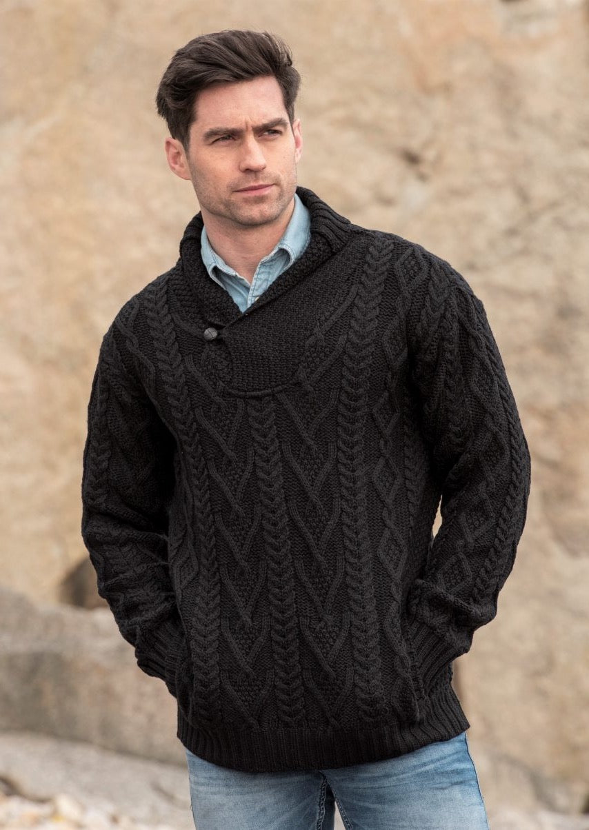 Dublin Shawl Collar Black Aran Sweater | Aran Crafts
