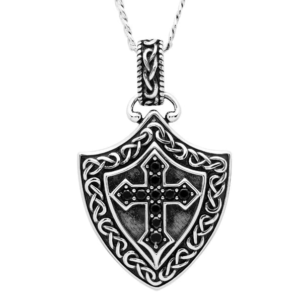 Sterling Silver Men’s Black Spinel Celtic Cross Shield Necklace