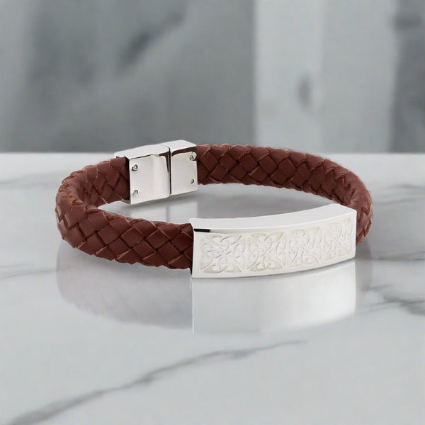 Gents Steel Brown Leather Bracelet
