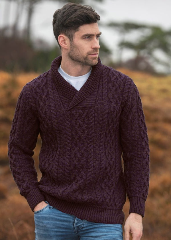Aran Bunratty Shawl Collar Sweater | Damson