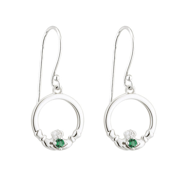 Sterling Silver Green Crystal Claddagh Drop Earrings