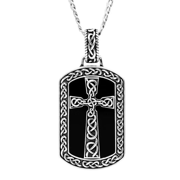 Large Sterling Silver Men’s Onyx Celtic Cross Dog Tag Necklace