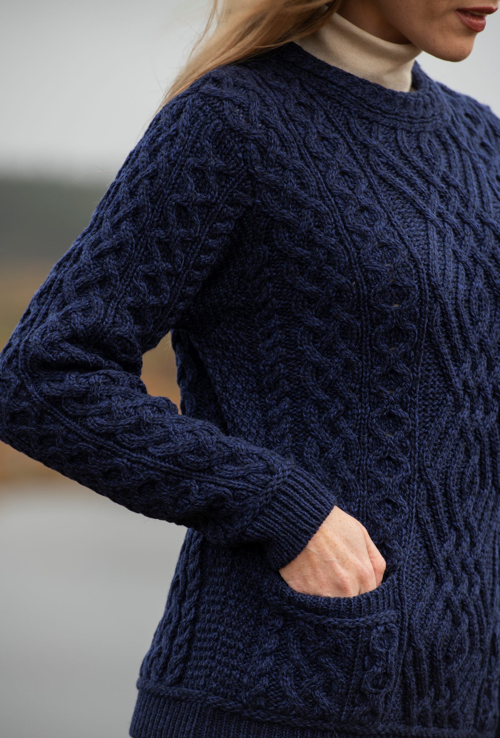 Aran Cong Blue Cable Crew Neck Sweater - Skellig Gift Store