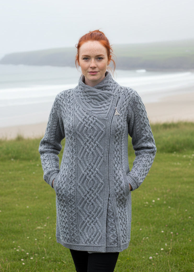 Aran Crafts Cable Knit Side Zip Grey Coat