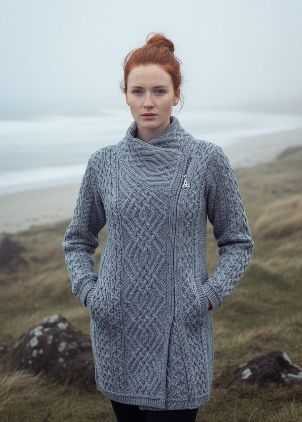Aran Crafts Cable Knit Side Zip Grey Coat