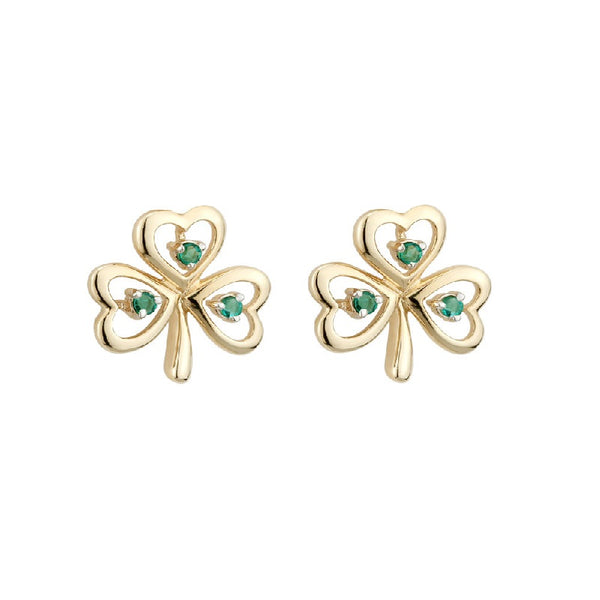 9k Gold Emerald Shamrock Earrings