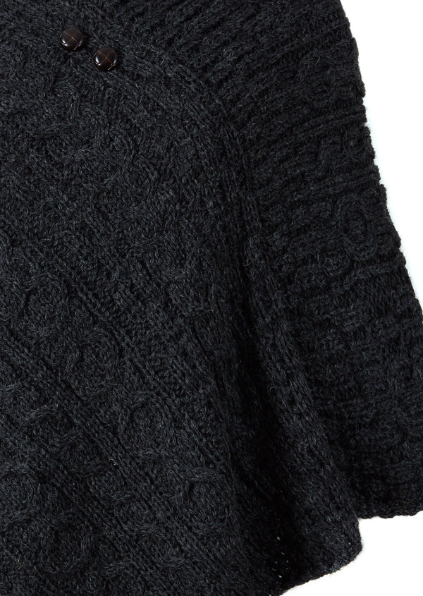 Aran Cable Knit Wool Poncho | Charcoal