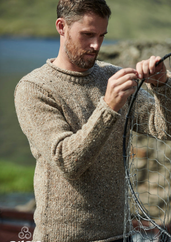 Raheen Tweed Roll Neck Mens Merino Wool Sweater - Light Grey