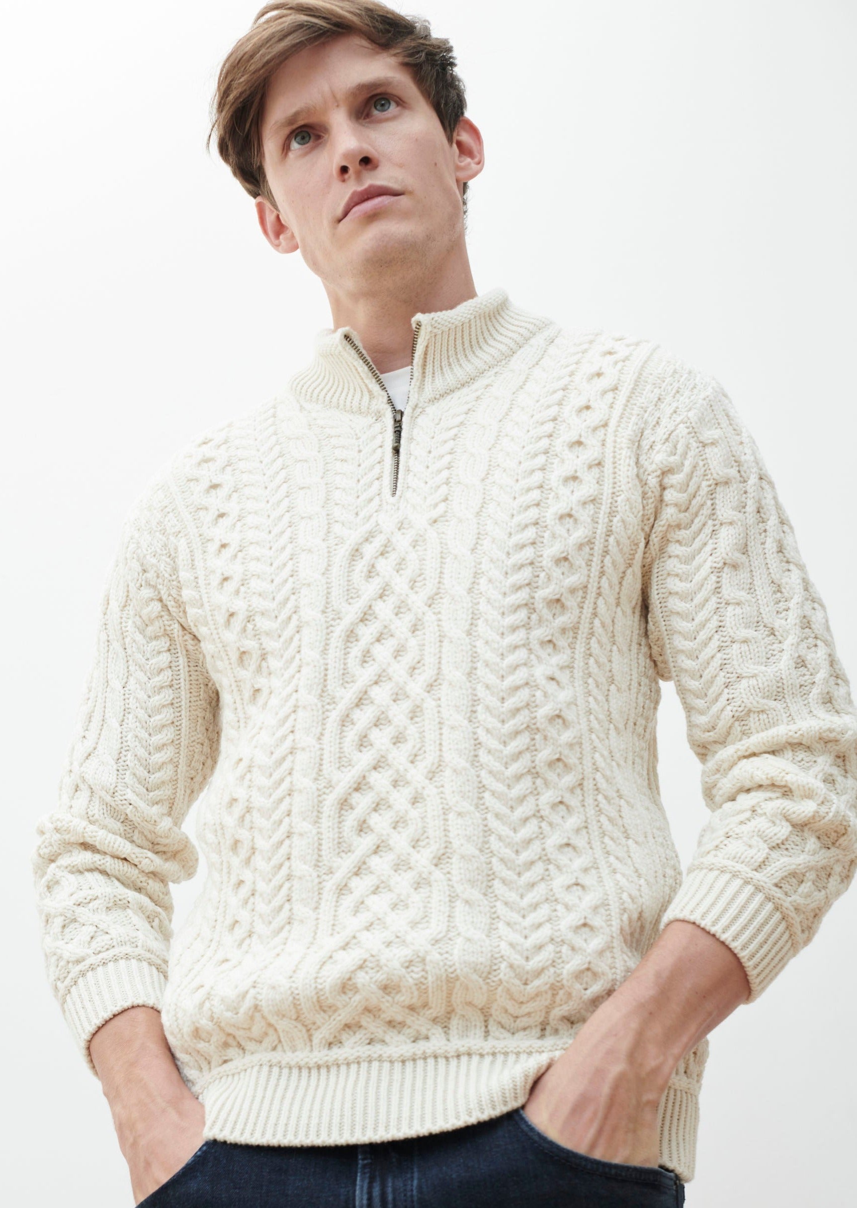 Men's Super Soft Natural Half Zip Aran Sweater