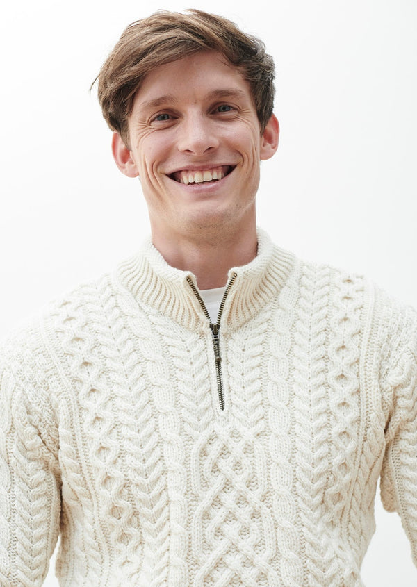Men's Super Soft Natural Half Zip Aran Sweater