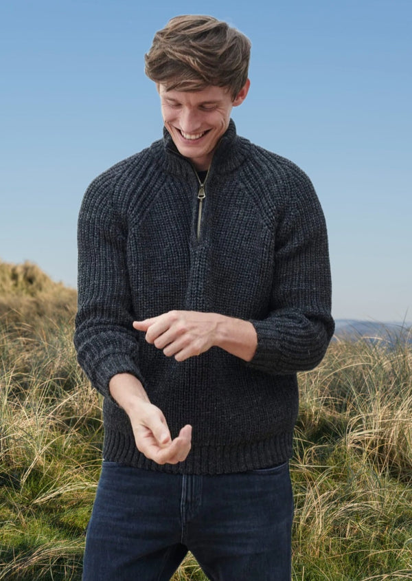 Men's Aran Fisherman Raglan Zip Sweater | Charcoal