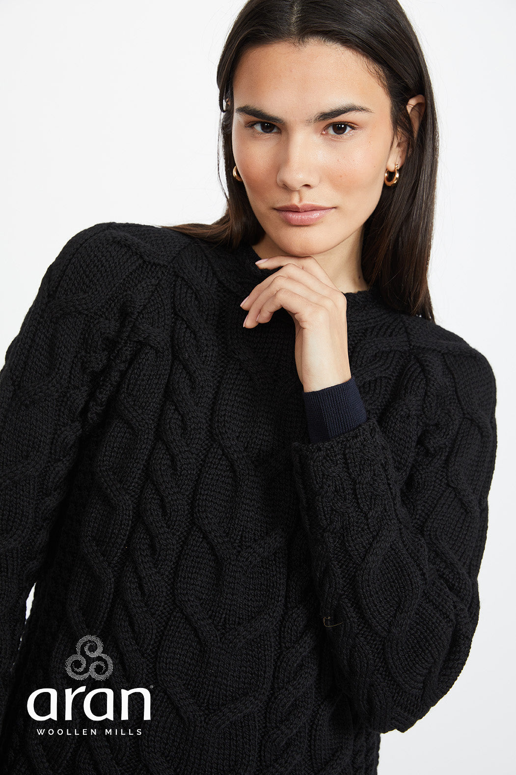 Listowel Ladies Aran Cabled Sweater - Black