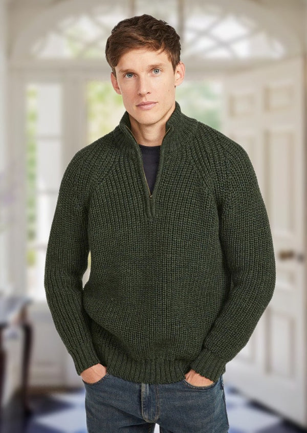Men's Aran Wool Sweater - Pine Green (C1949) - XS; Pine Green