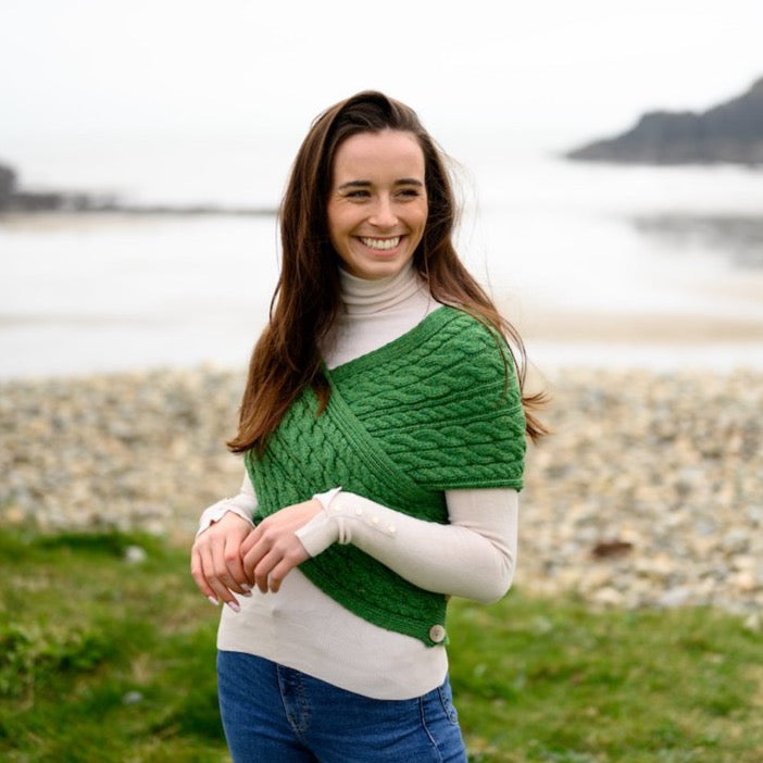 Green Aran Cable Crossover Wrap With Buttons