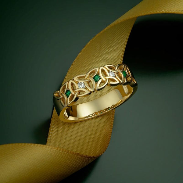 14k Gold Diamond Emerald Trinity Ring