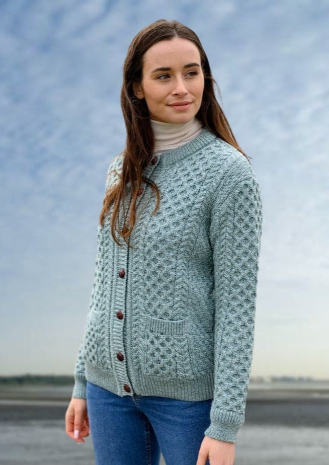 Aran Cable Knit Aqua Cardigan Skellig Gift Store