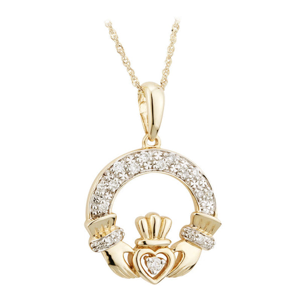 14K Gold Diamond Irish Claddagh Necklace