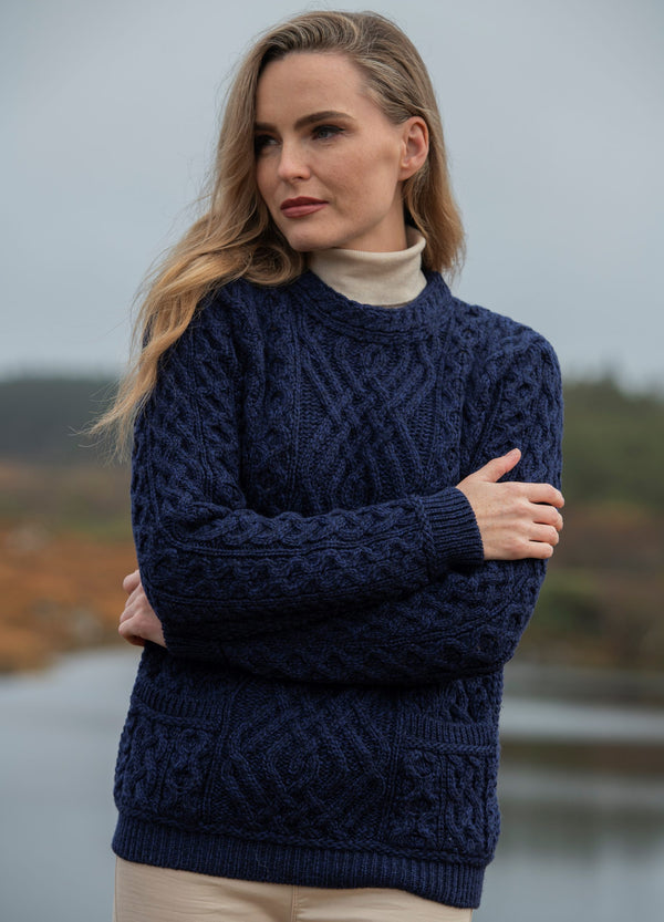 Aran Cong Blue Cable Crew Neck Sweater
