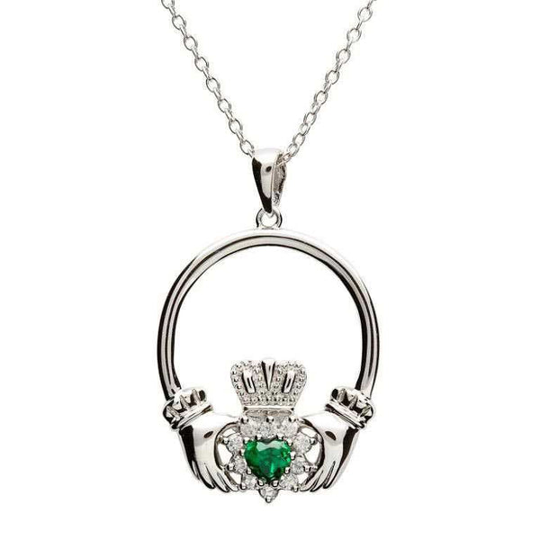 Sterling Silver Claddagh Green CZ Stone Set Necklace