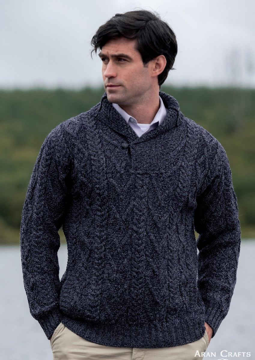 Dublin Shawl Collar Cormonant Blue Aran Sweater | Aran Crafts – Skellig ...