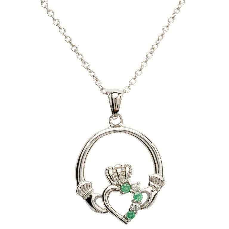 Sterling Silver Claddagh Pendant with Green Stones