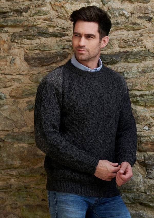 Aran Crafts Crew Neck Tweed Sweater | Charcoal