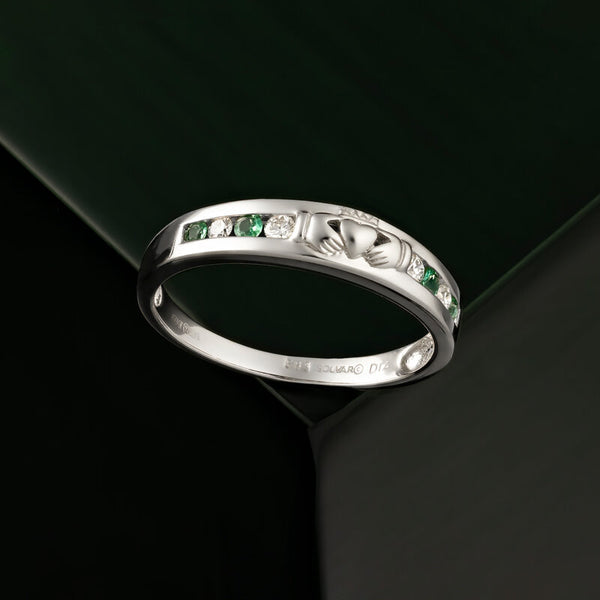 14K White Gold Diamond & Emerald Claddagh Eternity Ring