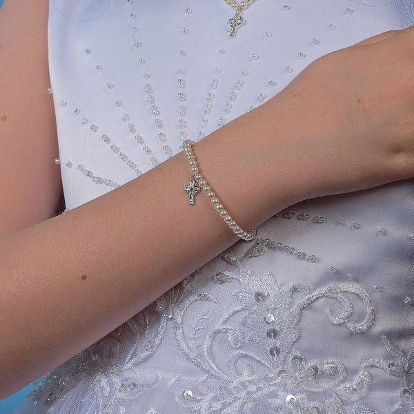 Rhodium Plated Pearl And Cross Bracelet
