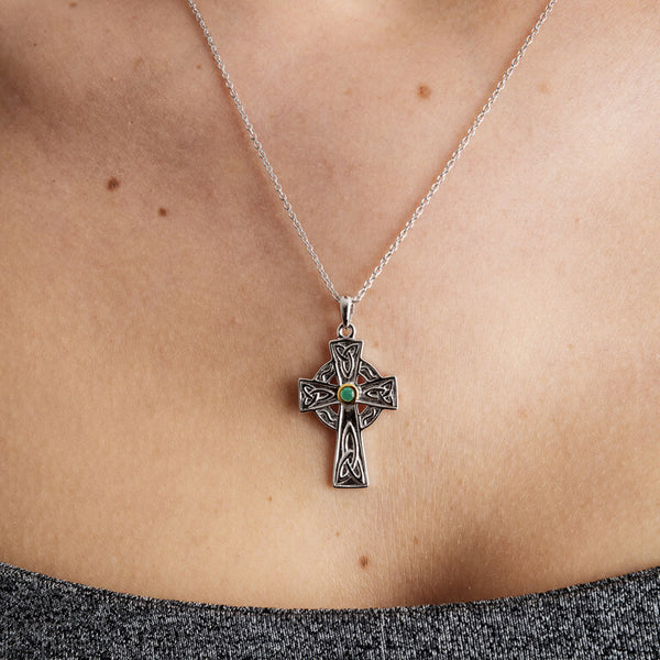 Silver Emerald Set Celtic Knot Design Cross
