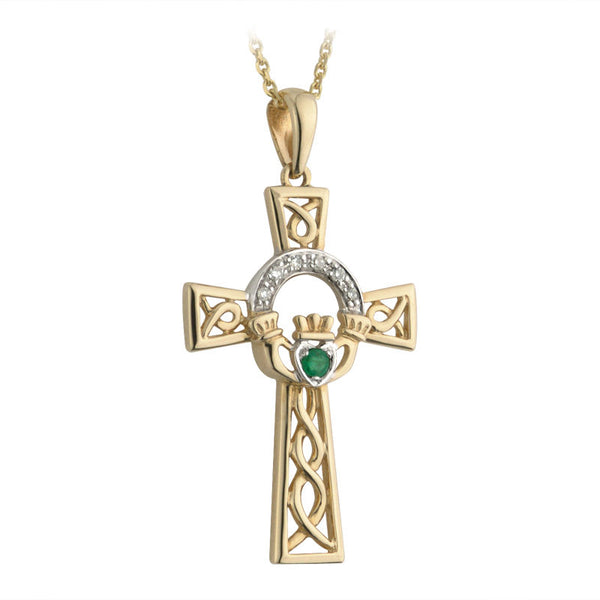 Solvar 14k Gold Diamond Emerald Claddagh Celtic Cross Pendant s44515