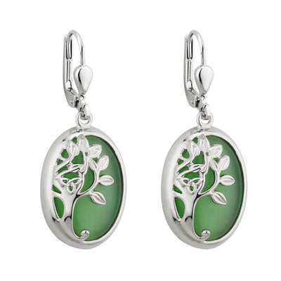 Solvar Rhodium Green Tree Of Life Drop Earrings s33693