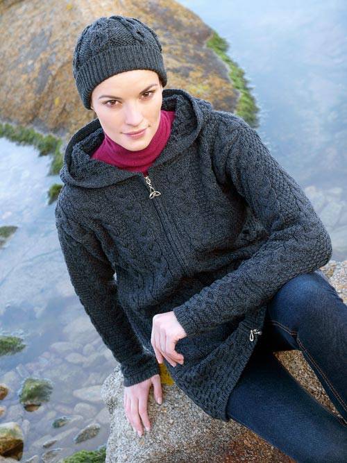 Aran Crafts Galway Charcoal Coat With Celtic Knot Zipper