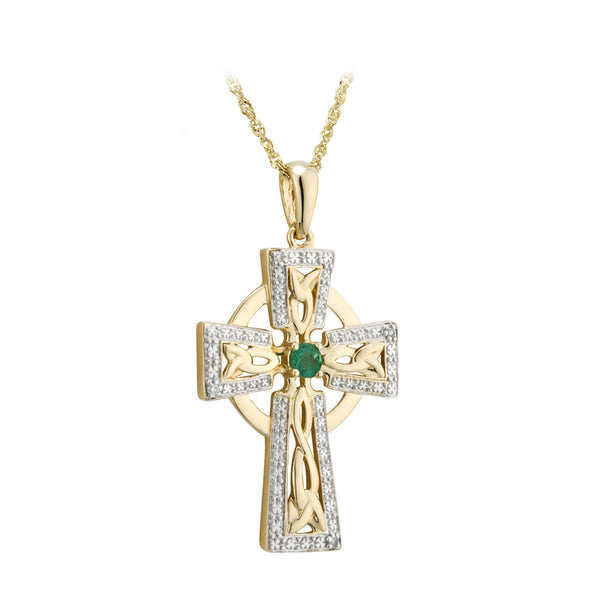 14K Gold Diamond & Emerald Large Cross